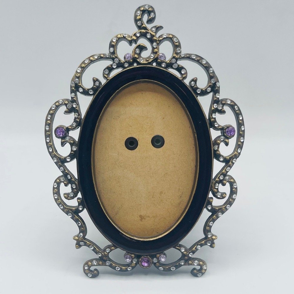 Vintage Style Ornate Oval Picture Frame Purple Enamel Rhinestone Gold Tone 3x2